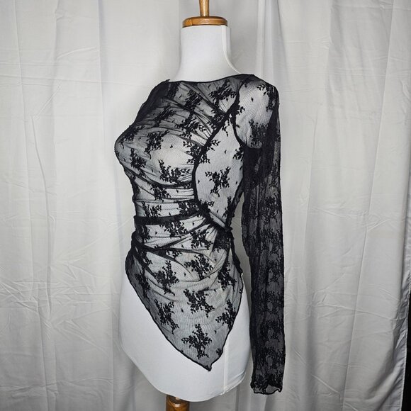 Intimately Free People Full Bloom Lace Top Long Slv Sheer Asymmetric Black NWT S - Picture 5 of 14